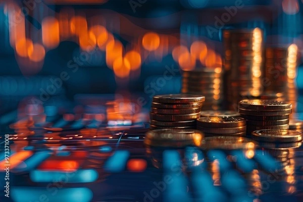 Fototapeta Stack coins with blurred financial charts background, investment, business, trading symbols.