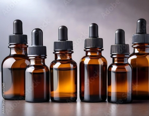 Obraz Essential oils in dark glass bottles