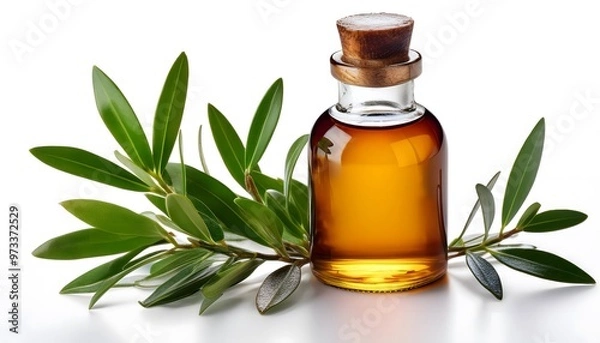 Fototapeta Fresh tea tree branch with essential oil bottle, isolated on a white background