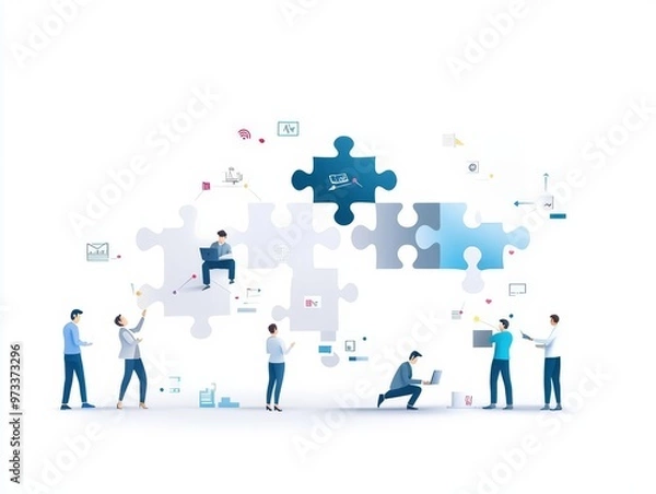 Fototapeta A team of professionals solving a complex puzzle together, symbolizing the collaborative effort in achieving business progress