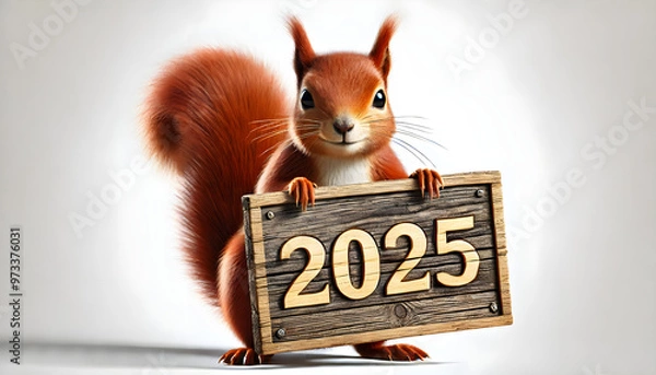 Fototapeta A photorealistic image of a red squirrel holding a wooden sign 2025. The squirrel is standing confidently, looking directly in the camera. Happy new year – Resolutions – Sport - Health.
