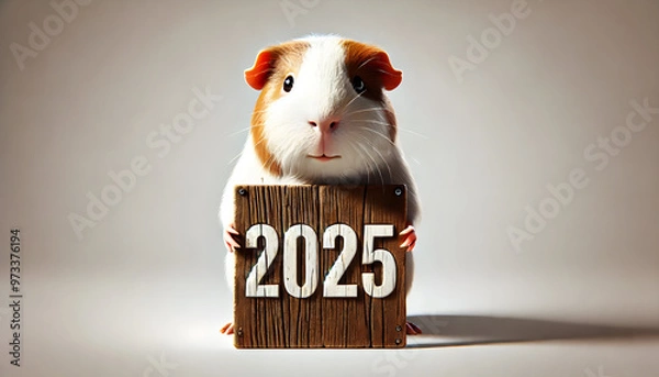 Fototapeta A photorealistic image of a  cute litlle guinea pig of hamster holding a wooden sign 2025. The guinea pig is standing confidently, looking directly at the camera. Happy new year – Resolutions