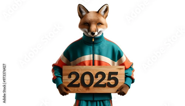 Fototapeta A photorealistic image of a fox wearing a fancy, stylish tracksuit, holding up a wooden sign 2025. Happy new year – Resolutions – Sport - Health.
