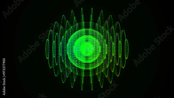 Obraz 3d glowing green sphere in a shape of ball with particles. Abstract global technology or atom structure. Big data visualization. 3D rendering.