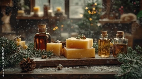 Obraz Making handmade Christmas soaps with natural ingredients, molds, and essential oils, on a rustic workbench. 4K hyperrealistic photo.