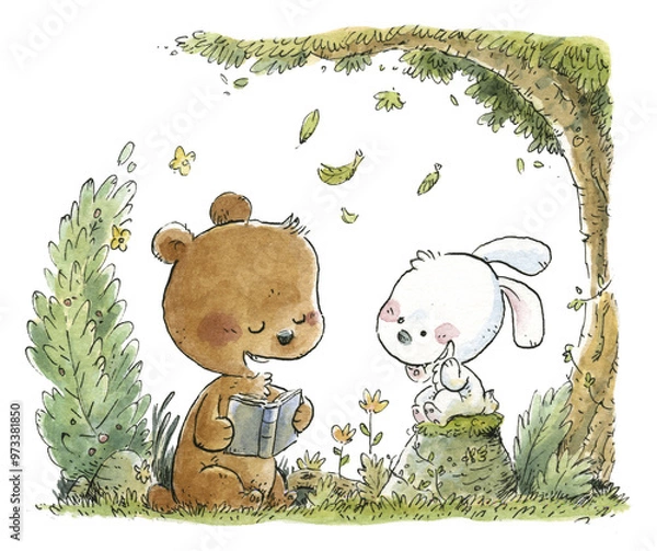 Fototapeta Bear and rabbit reading a book