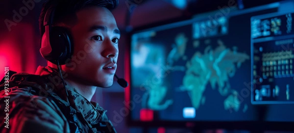 Fototapeta A handsome young Asian man in military uniform with headphones is looking at a monitor that shows maps and various graphics