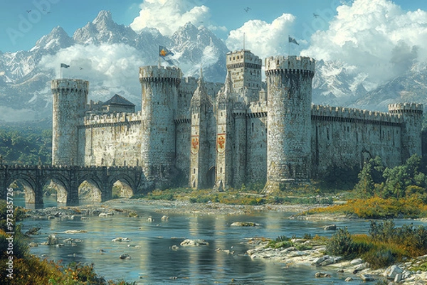 Fototapeta A medieval castle with fortified walls and a drawbridge, set against a rugged landscape with a moat. Concept of medieval defense and architecture.