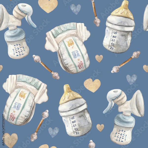 Fototapeta A seamless watercolor pattern featuring essential baby items: disposable diapers, baby bottles, and cotton swabs on a dark background. This charming and practical design is perfect for baby products,