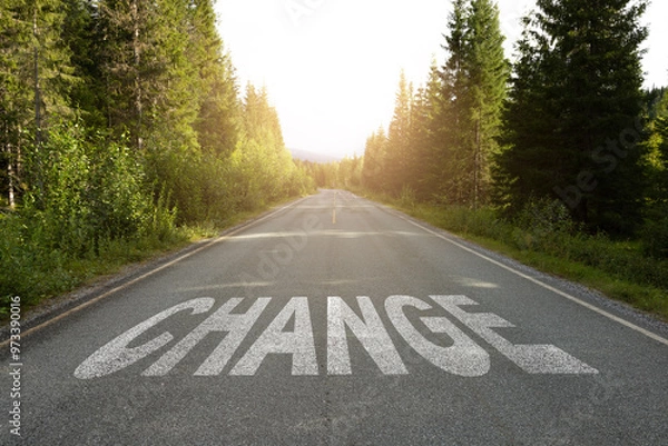 Fototapeta Change text written on road concept for business planning strategies and challenges or career path opportunities and change, road to success concept, Success word on street.