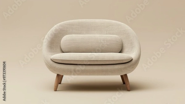 Fototapeta A modern, minimalist sofa with a rounded shape and a single cylindrical cushion. The sofa is upholstered in a light beige fabric and features wooden legs. The background is a soft, neutral tone