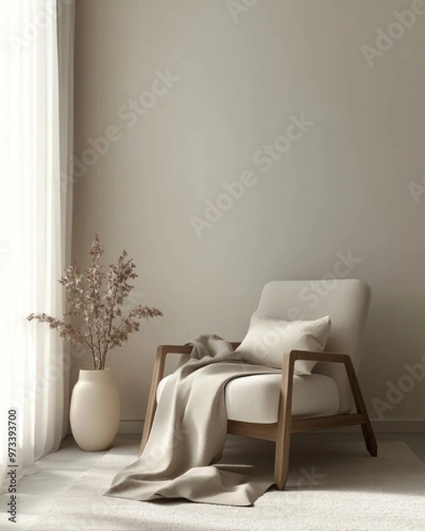 Fototapeta Minimalist Nordic Living Room with Simple Decor and Scandinavian Lifestyle Concept, 3D Render