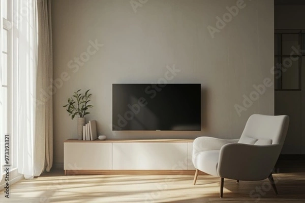 Fototapeta Modern Living Room with TV Cabinet and Armchair in Neutral Tones