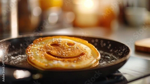 Obraz Smiley faced pancake cooking in kitchen on frying pan