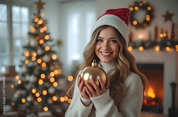 Obraz девушка с рождественской елкой и елочной игрушкой 