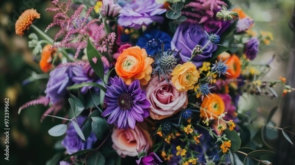 Fototapeta Stunning multicolored bouquet with purple flowers