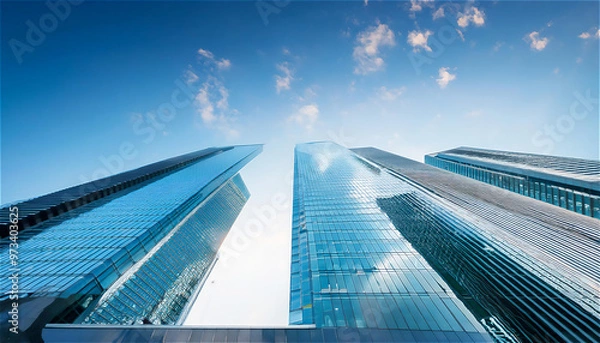 Fototapeta 澄んだ青空を背景に、現代的な高層ビルが並ぶ都市のスカイライン。建物のガラスに青空が反射し、爽快な雰囲気を感じさせる。