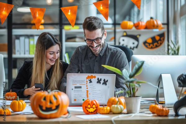 Fototapeta Two colleagues working together at a desk decorated for Halloween. Concept of collaboration and festive office culture.