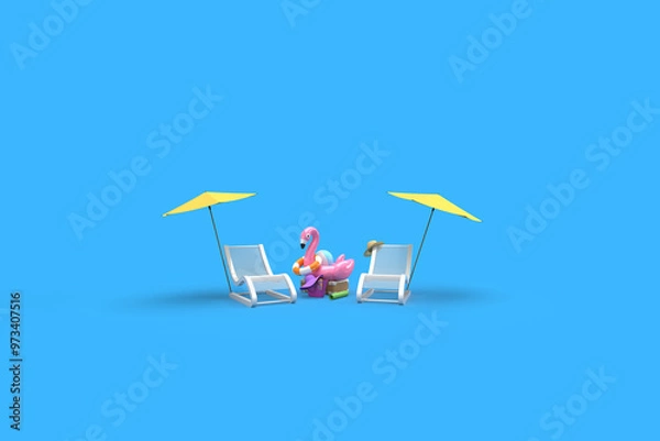 Obraz A chaise longue, an umbrella from the sun. A suitcase, a ball, a circle and a flamingo for swimming.  A bag and a mat. 3d on the theme of travel, recreation, tickets, the sea. Blue background. 