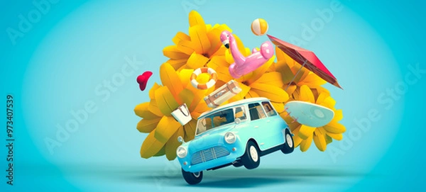 Obraz A blue vintage car. On the roof there is a suitcase, a ball, a circle and a flamingo for swimming, a surfboard on the side. 3d on the topic of travel, recreation, tickets, the sea. Bright flowers.