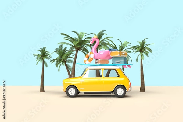 Obraz A yellow vintage car on the beach. On the roof there is a suitcase, a ball, a circle and a flamingo for swimming. Surfboard, palm trees. 3d on the theme of travel, recreation, tickets, the sea.