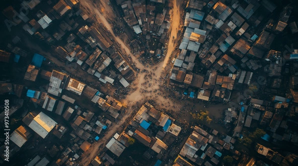 Fototapeta Crowded crossroads in impoverished slum from above