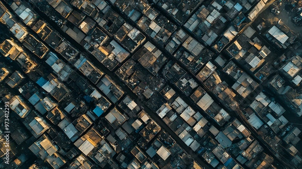 Fototapeta Drone point of view showing impoverished slum housing with dense population