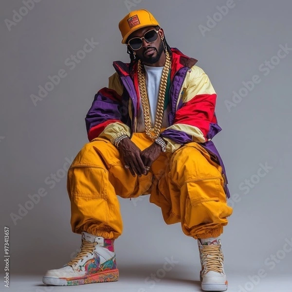 Fototapeta A Man Wearing a Multicolored Jacket, Gold Chain, and Yellow Pants