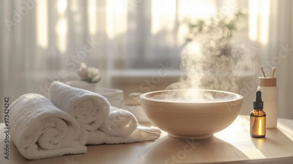 Obraz A steam inhalation setup with a bowl of hot water emitting steam, placed on a table. Nearby are a towel, vapor rub, and essential oils, all used to relieve congestion through steam therapy.