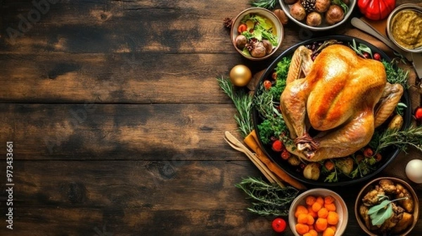 Fototapeta Thanksgiving dinner table with roasted turkey close up shot, festive atmosphere, top view, space for text