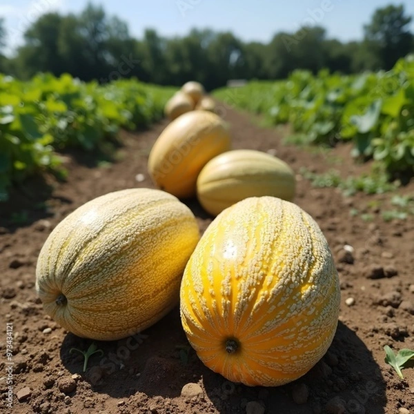 Fototapeta Fresh ripe cantaloupes in a sunlit melon field