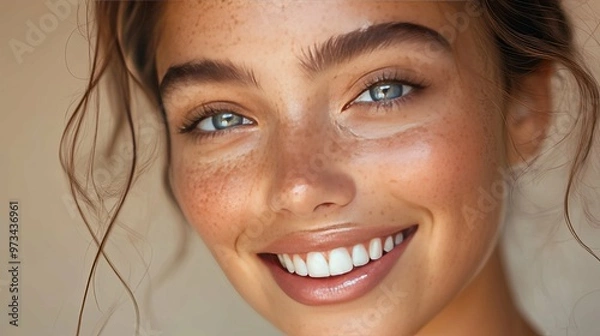 Fototapeta Close-up Portrait of a Young Woman with Freckles Smiling