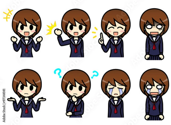 Fototapeta シンプルキャラクター　会話・表情イラスト集　中学生　女子 その２