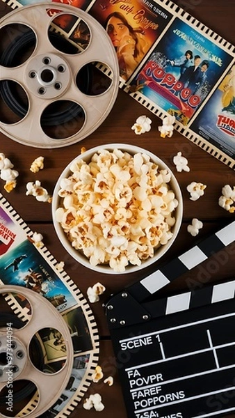 Obraz Top view of film reels, popcorn and movie clapper on wooden table, Movie time concept