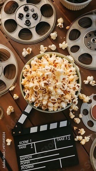 Obraz Top view of film reels, popcorn and movie clapper on wooden table, Movie time concept