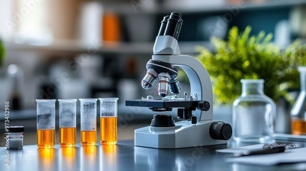 Fototapeta science lab equipment like microscope and test tubes on a table signifies hands-on learning, suitable for an educational concept banner