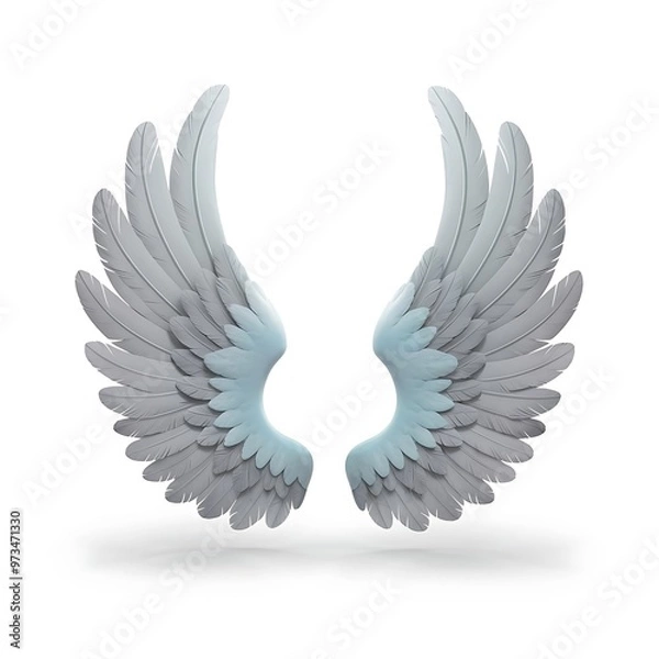Fototapeta Pair of isolated angel wings with 3D feathers on white background, 3D Illustration, 3D Rendering