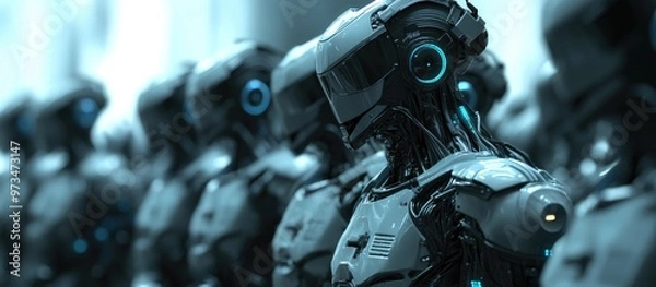Fototapeta Futuristic robotic army or ensemble of cyborgs 3D rendering