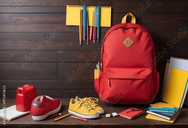 Obraz A red backpack with school supplies including a notebook, pencil