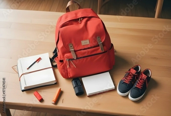 Obraz A red backpack with school supplies including a notebook, pencil