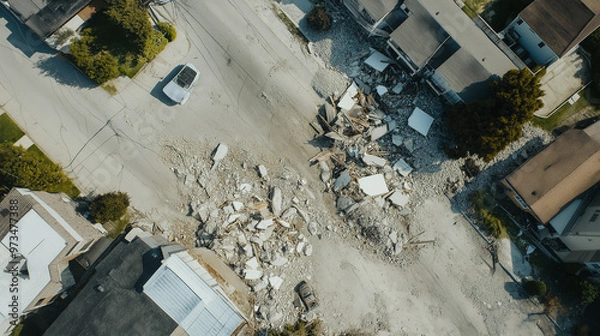 Fototapeta Aerial view of houses destroyed by earthquake or bombing showing devastation