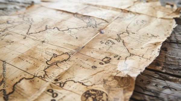 Fototapeta Antique Map on Wooden Surface - Perfect for Historical and Decorative Themes