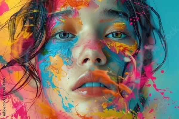Fototapeta A stunning display of vibrant abstract strokes on a woman's face in a creative moment