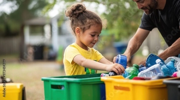 Fototapeta A child helping an adult sort recyclables into bins, with colorful labels for glass, plastic, and paper
