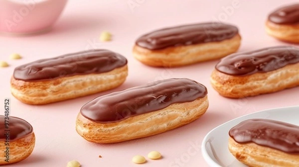 Fototapeta Chocolate eclairs with glossy chocolate icing on a pink background. Studio food photography. Design for bakery, poster, or banner.

