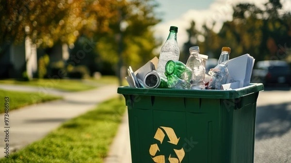 Obraz A green recycling bin filled with paper, plastic, and glass bottles, sitting on a suburban curb on a sunny day