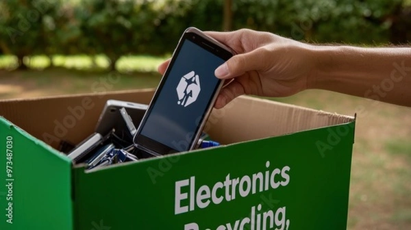 Fototapeta A hand placing an old cell phone into a box labeled "Electronics Recycling," promoting responsible e-waste disposal