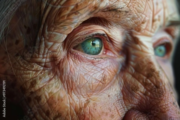 Fototapeta A close-up photorealistic portrait of a person with expressive eyes, their subtle wrinkles and skin texture telling the story of their life experiences