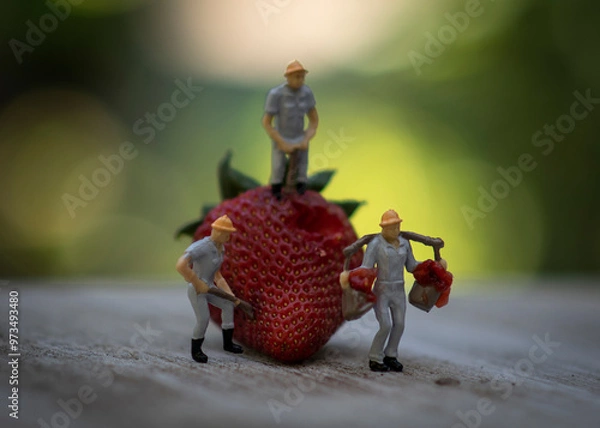 Fototapeta Miniature Figurines of Worker and Large Strawberry