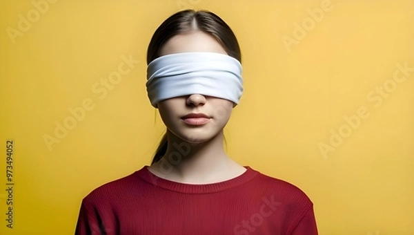 Fototapeta Portrait of a young woman with a blindfold on yellow background with copy space
